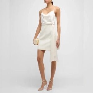🌻 CINQ À SEPT Cara Ivory Short Draped-tie Satin Silk Combo Mini Dress Size 10